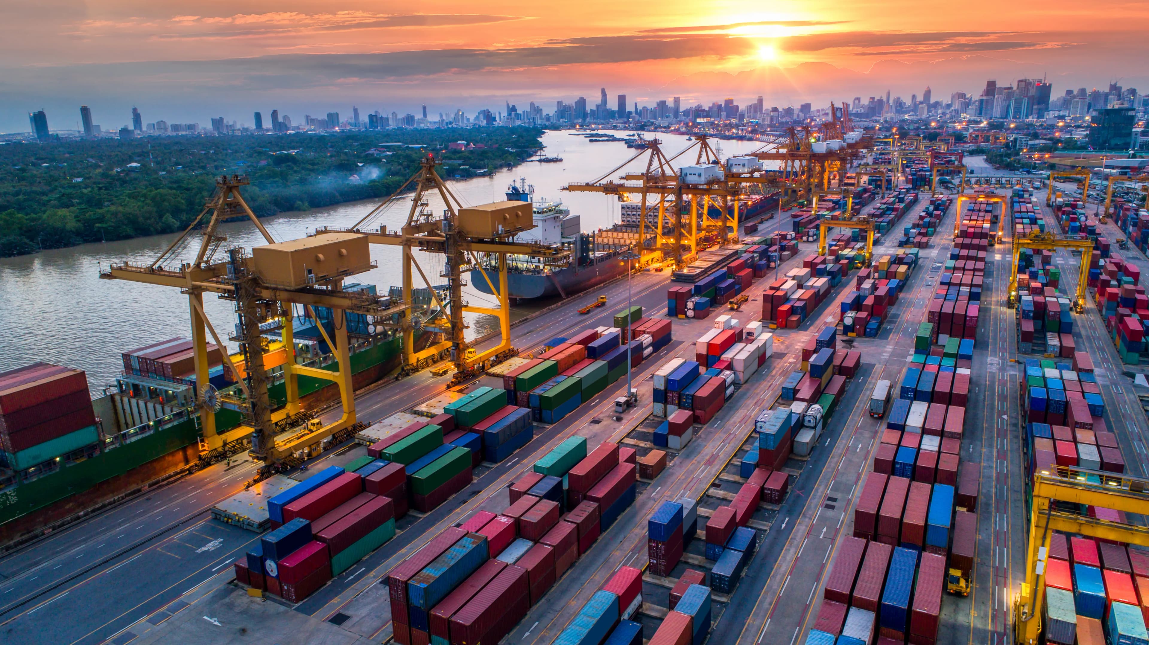 Container port at sunset