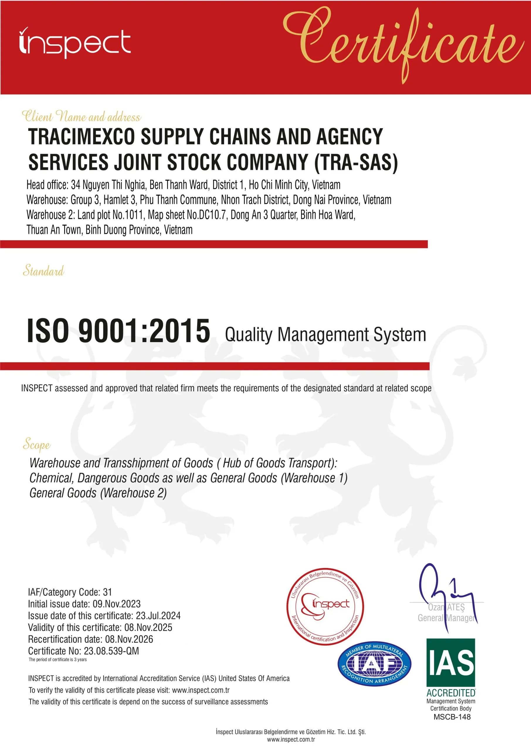 TRA-SAS ISO 9001:2015 certificate